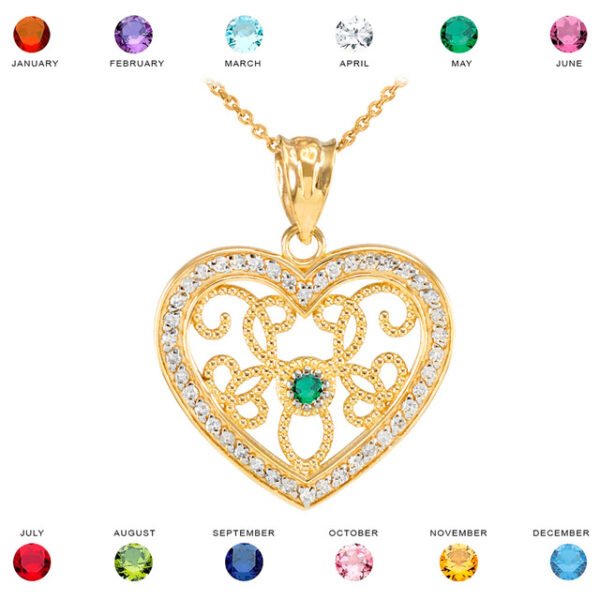 Yellow Gold Filigree Heart Diamond And Cz Pendant Necklace
