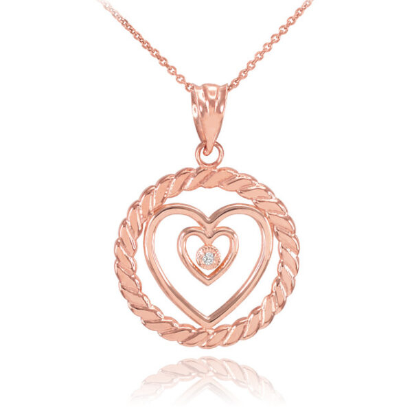 Rose Gold Roped Circle Double Heart With Diamond Pendant Necklace