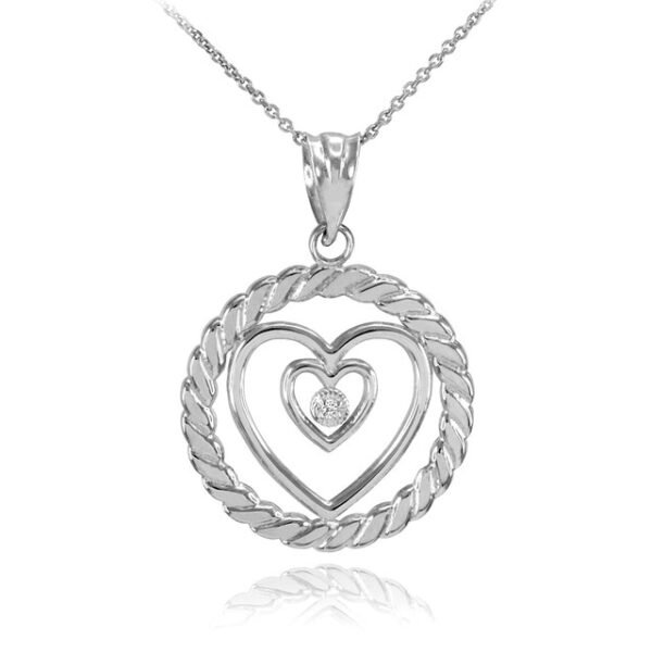 White Gold Roped Circle Double Heart With Diamond Pendant Necklace