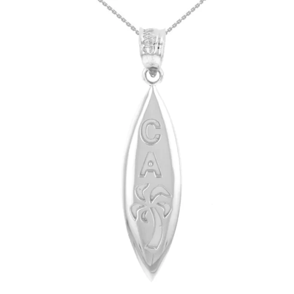 White Gold California Palm Tree Surfboard Pendant Necklace