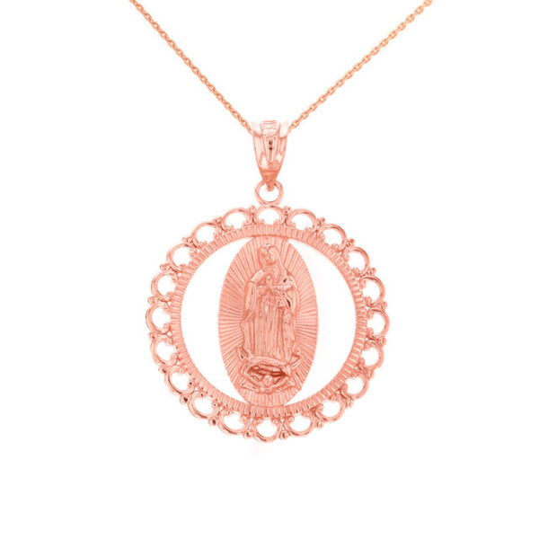 Solid Rose Gold Scalloped Edge Frame Openwork Our Lady of Guadalupe Pendant Necklace 1.24" ( 31 mm)