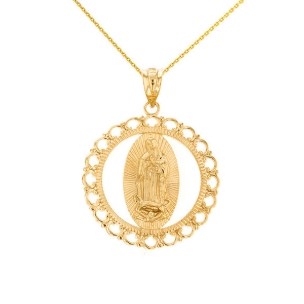 Solid Yellow Gold Scalloped Edge Frame Openwork Our Lady of Guadalupe Pendant Necklace 1.24" ( 31 mm)