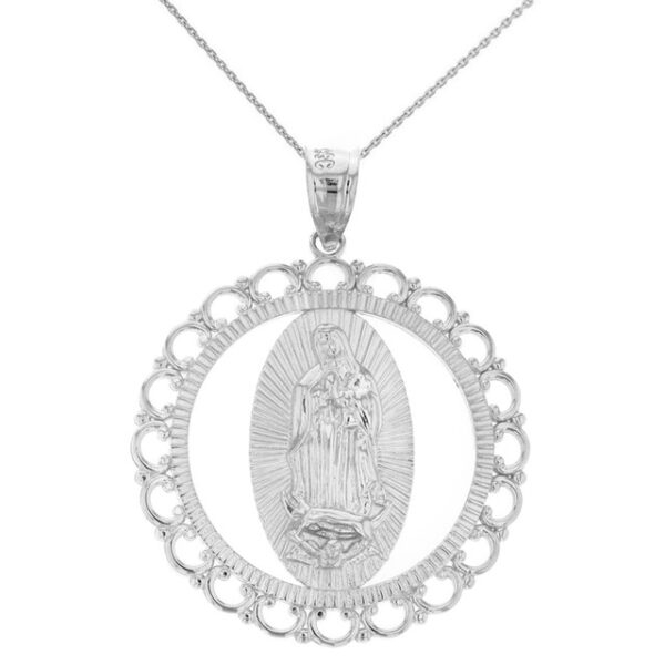 Sterling Silver Scalloped Edge Frame Openwork Our Lady of Guadalupe Pendant Necklace 1.59" (40 mm)