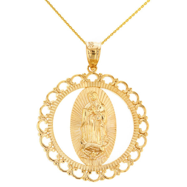 Solid Yellow Gold Scalloped Edge Frame Openwork Our Lady of Guadalupe Pendant Necklace 1.59" (40 mm)