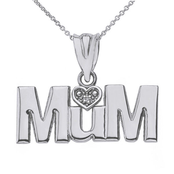 Solid White Gold Rhodium Heart Diamond Mum Pendant Necklace