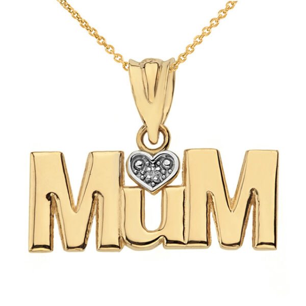 Solid Yellow Gold Rhodium Heart Diamond Mum Pendant Necklace