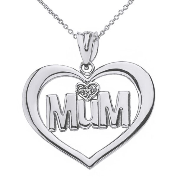 Solid White Gold Heart Outline Rhodium Heart Diamond Mum Pendant Necklace