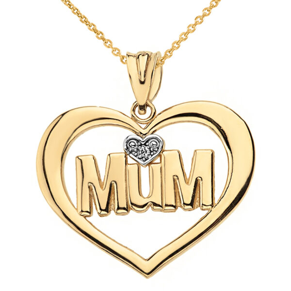 Solid Yellow Gold Heart Outline Rhodium Heart Diamond Mum Pendant Necklace