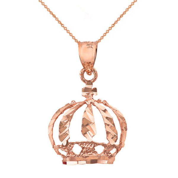 Solid Rose Gold Diamond Cut Christian Royal Crown Pendant Necklace