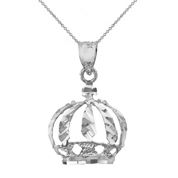 Solid White Gold Diamond Cut Christian Royal Crown Pendant Necklace