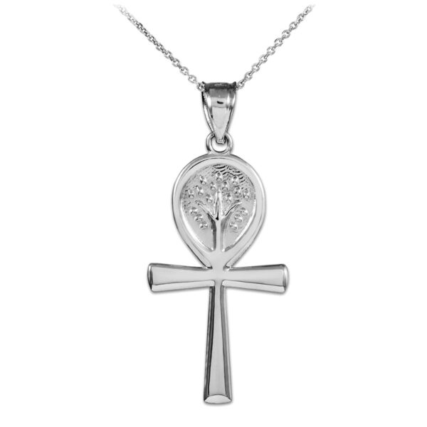 White Gold Ankh Cross Tree Of Life Pendant Necklace - Image 3