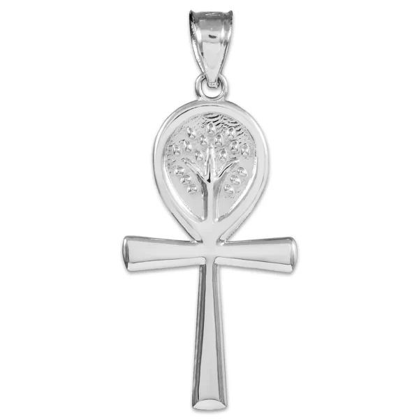 White Gold Ankh Cross Tree Of Life Pendant Necklace