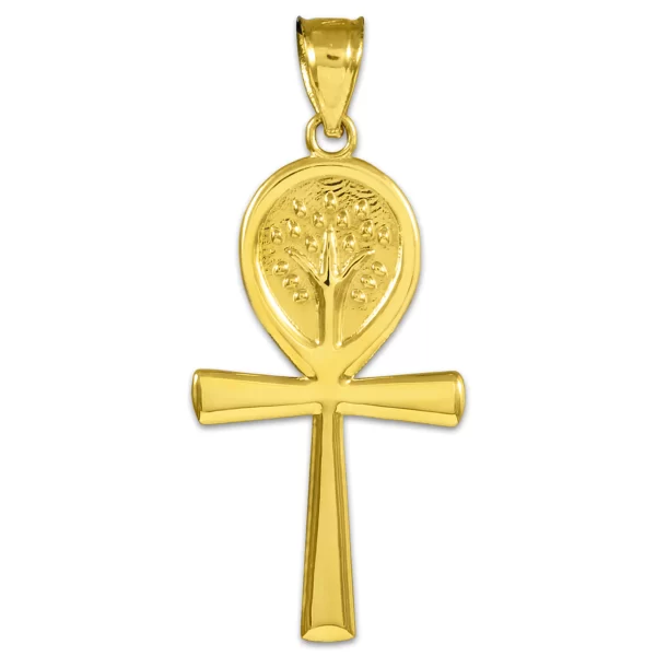 Yellow Gold Ankh Cross Tree Of Life Pendant Necklace