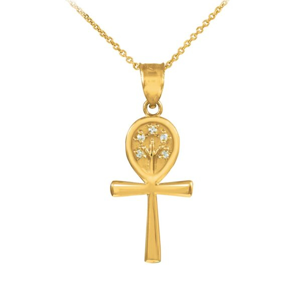 Yellow Gold Ankh Cross Tree Of Life Cz Pendant Necklace - Image 3