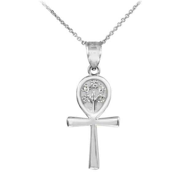 Sterling Silver Egyptian Ankh Cross Tree Of Life Cz Pendant Necklace