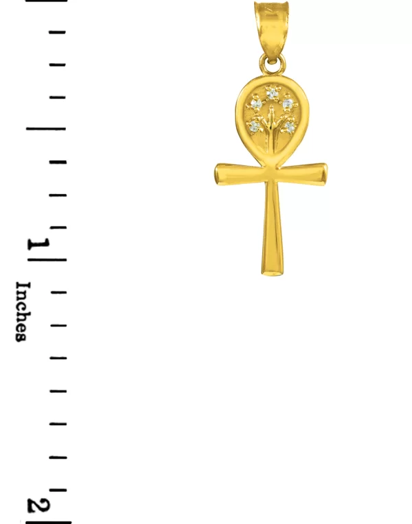 Yellow Gold Ankh Cross Tree Of Life Cz Pendant Necklace - Image 2