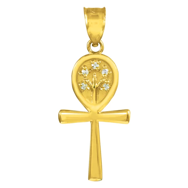 Yellow Gold Ankh Cross Tree Of Life Cz Pendant Necklace