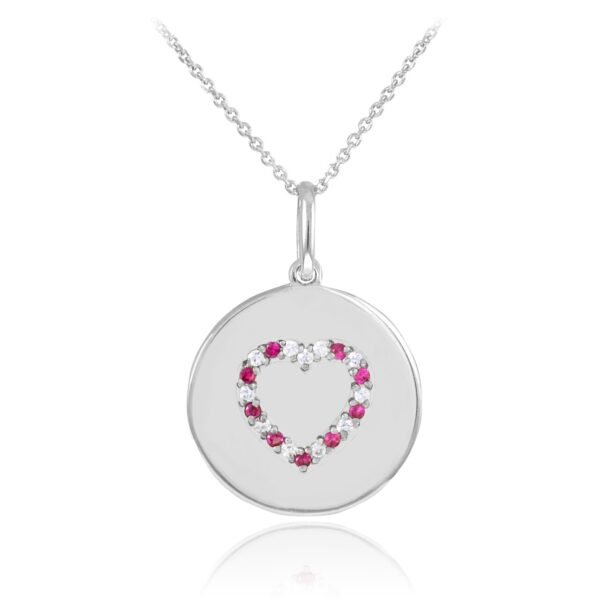 14k White Gold Heart Diamond And Ruby Disc Pendant Necklace