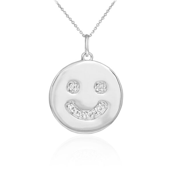 14k White Gold Smiley Face Diamond Pendant Necklace