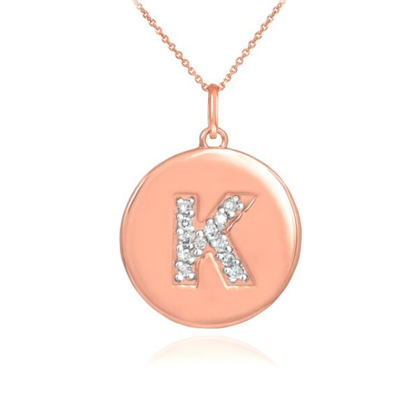 14k Rose Gold Letter "K" Initial Diamond Disc Pendant Necklace