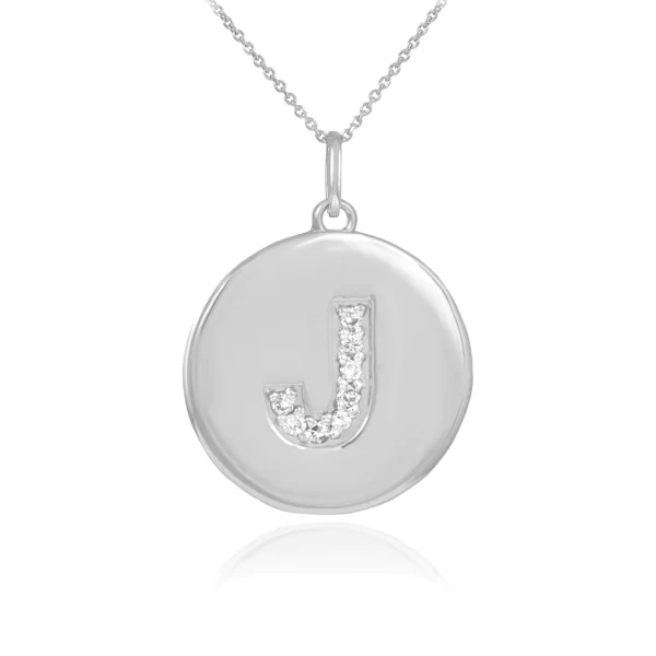 White Gold Letter "J" Initial Diamond Disc Pendant Necklace