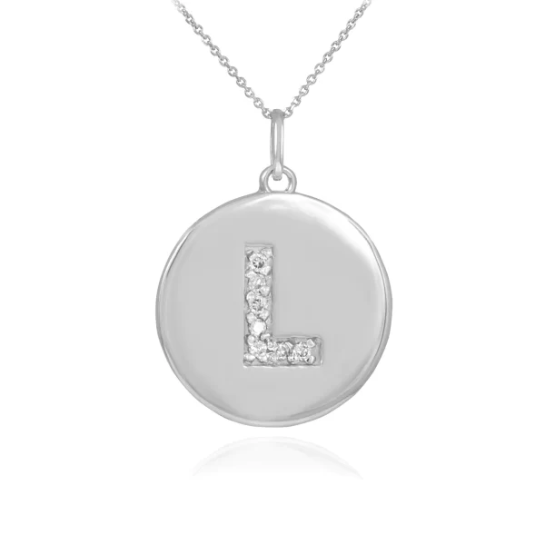 White Gold Letter "L" Initial Diamond Disc Pendant Necklace