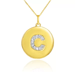Gold Letter "C" Initial Diamond Disc Pendant Necklace