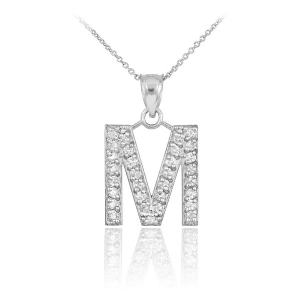 Sterling Silver Letter "M" Initial Cz Monogram Pendant Necklace