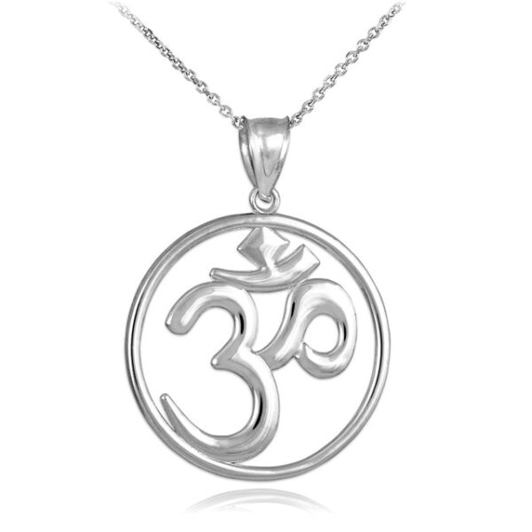 White Gold Om (Ohm) Medallion Openwork Pendant Necklace