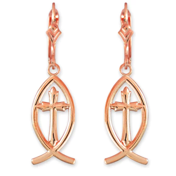 14K Rose Gold Ichthus Cross Earrings