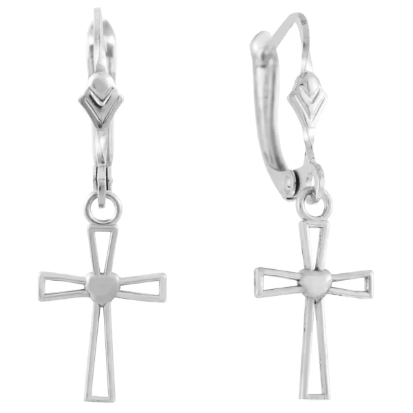 White Gold Heart Cross Dangle Earrings