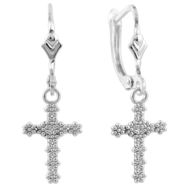 White Gold Floral Cross Dangle Earrings