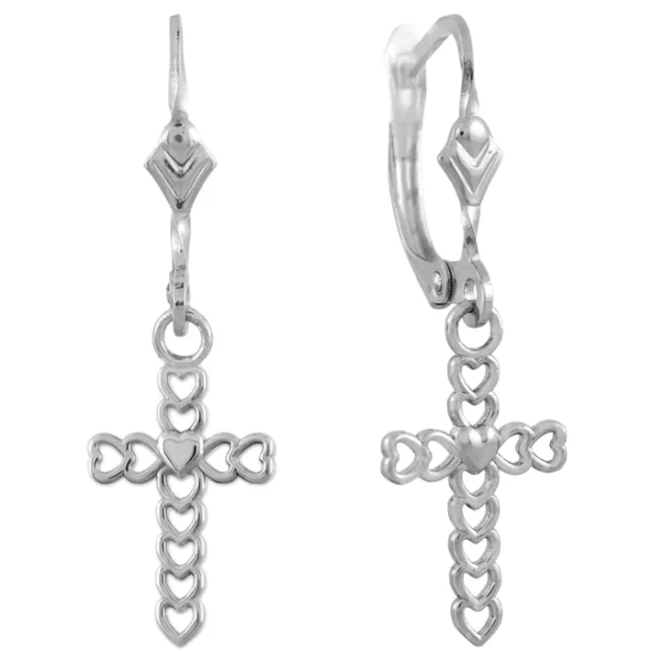 White Gold Open Hearts Cross Dangle Earrings