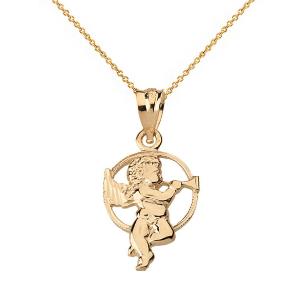 Solid Yellow Gold Diamond Cut Cherub Angel Circle Pendant Necklace