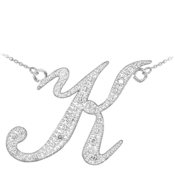 14k White Gold Letter Script "K" Diamond Initial Necklace