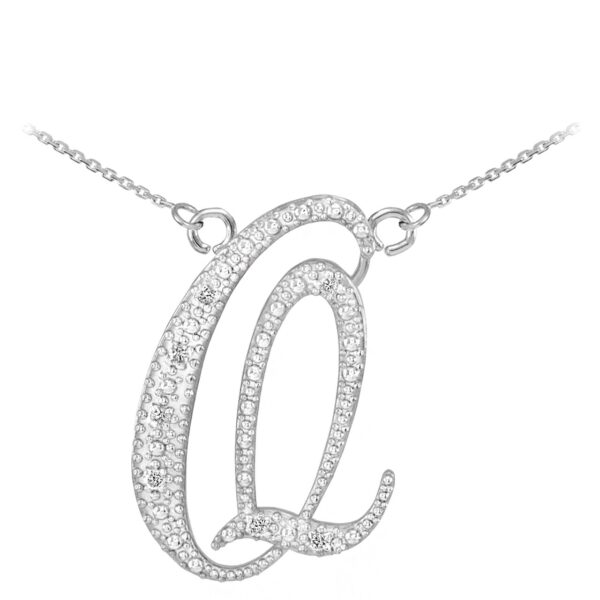 14k White Gold Letter Script "Q" Diamond Initial Necklace