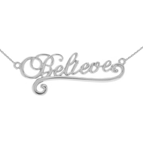 14K Solid White Gold Inspirational Words Cursive Believe Pendant Necklace