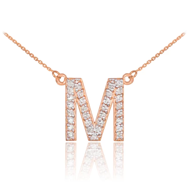 14k Rose Gold Letter "M" Diamond Initial Monogram Necklace