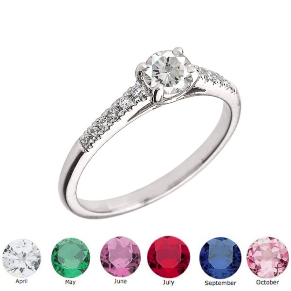 Genuine Diamond And Round Shape Personalized Birthstone Ring In Sterling Silver