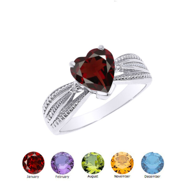 Genuine Diamond And Heart Shaped Personalized Genuine Birthstone Ring In Sterling Silver