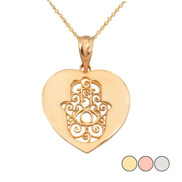 Cut Out Filigree Hamsa Facing Up In Heart Pendant Necklace In Gold (Yellow/ Rose/White)