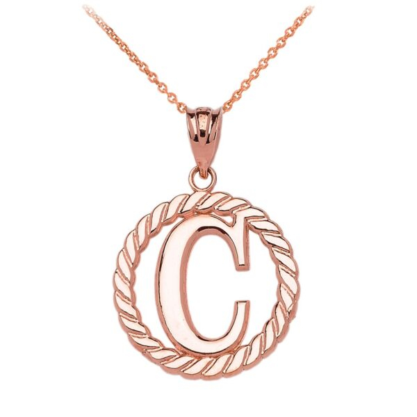 Rose Gold "C" Initial In Rope Circle Pendant Necklace