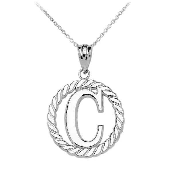 White Gold "C" Initial In Rope Circle Pendant Necklace