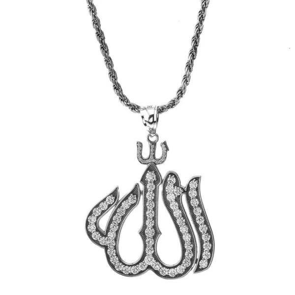 Bold Large Allah Pendant Necklace With Oxidized Rope Chain In Sterling Silver