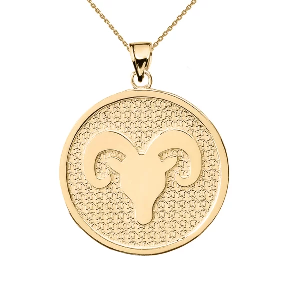 Yellow Gold Aries Zodiac Disc Pendant Necklace