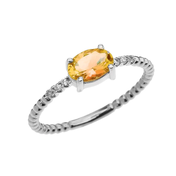 Diamond Beaded Band Ring With Citrine Centerstone In White Gold