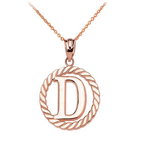 Rose Gold "D" Initial In Rope Circle Pendant Necklace