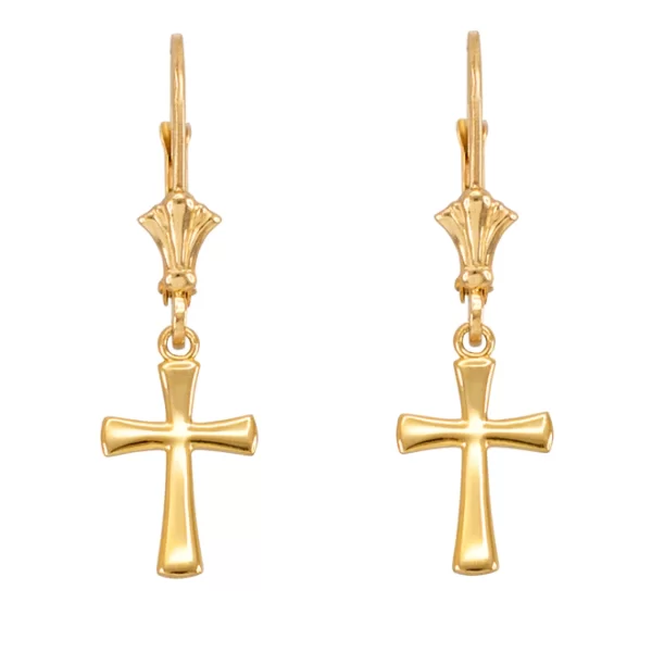 Dangling Dainty Solid Yellow Gold Cross Earrings