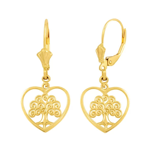 Yellow Gold Tree Of Life Open Heart Filigree Earring Set