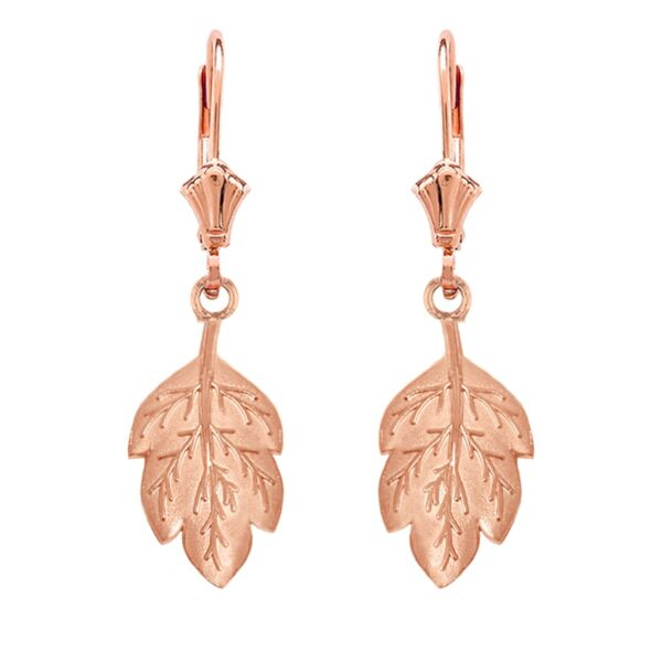 14K Solid Rose Gold Matte Detailed Textured Leaf Drop Earring Set